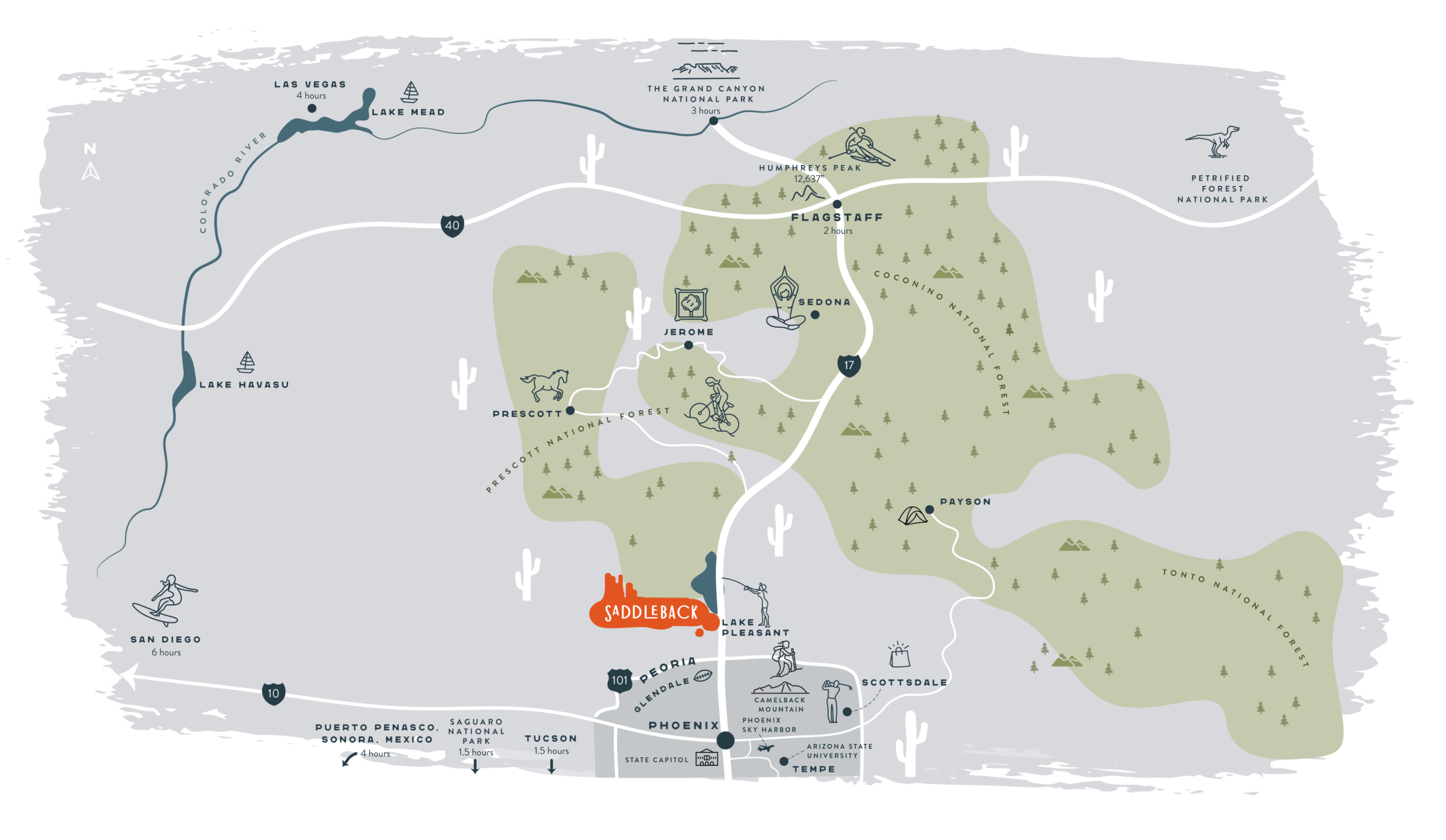 Illustrated map highlighting roads, cities, and landmarks in Arizona, including Prescott, Sedona, Peoria AZ, and Phoenix. Green shaded areas represent parks or forests nearby Saddleback.