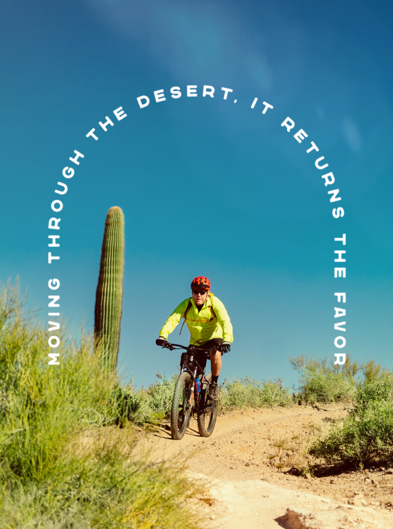 Cyclist in a bright jacket rides a mountain bike on a desert trail near Peoria AZ, passing a tall cactus. Text arches above: "Moving through the desert, it returns the favor.